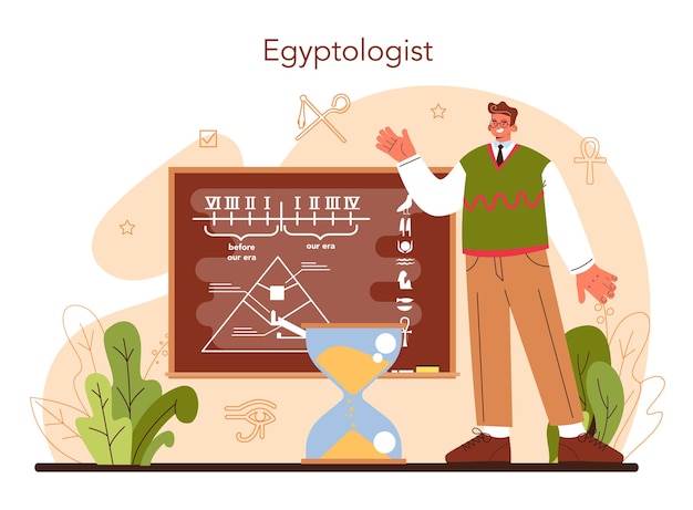 이집트학. 고대 이집트 파피루스, 피라미드 및 문화 연구. 고대 문명의 역사에 대한 지식. 고고학자 연구. 평면 벡터 일러스트 레이 션