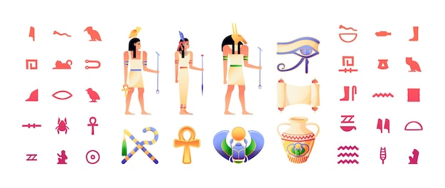 Egyptische elementen Oude Egypte hiëroglief en traditionele karakters farao god tempel sfinx oude antieke religie symbolen Vector collectie