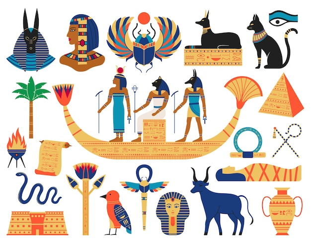 Vector egyptische elementen. oude goden, piramides en heilige dieren. egypte mythologie symbolen ingesteld.