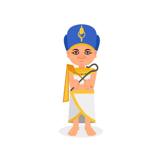 Egyptische farao staande met staaf en zweep in handen Oude Egypte thema Man in klederdracht en hoofdtooi Platte vector icon