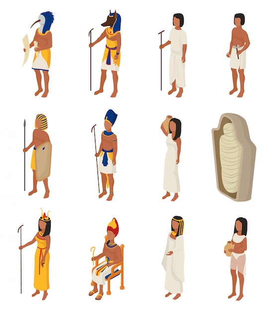 Egyptische oude Egypte mensen karakter farao horus god man vrouw Cleopatra in Egyptologie geschiedenis beschaving illustratie set geïsoleerd op witte achtergrond