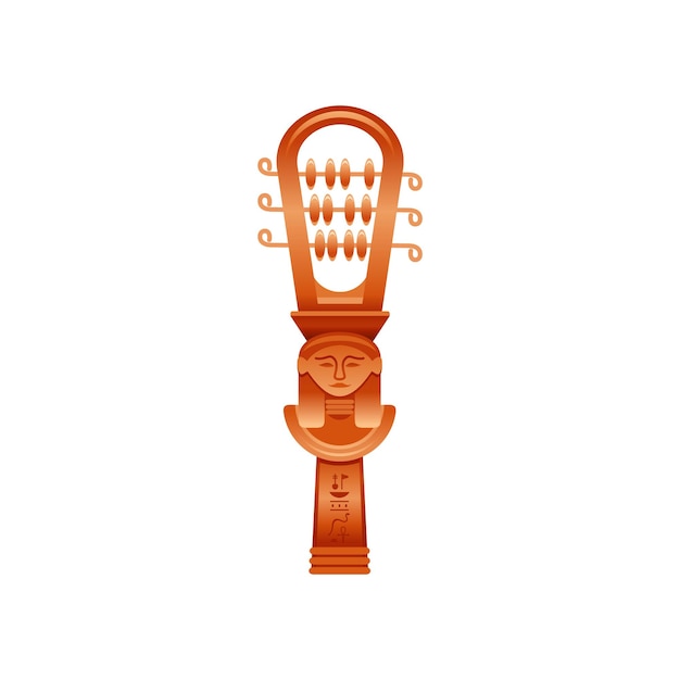 Egyptische sistrum muziek oude muziek instrument met god gezicht decoratie uit het oude egypte kunst ambacht cartoon 3d-realistische historische pictogram vector illustratie sistrum geïsoleerd op witte achtergrond