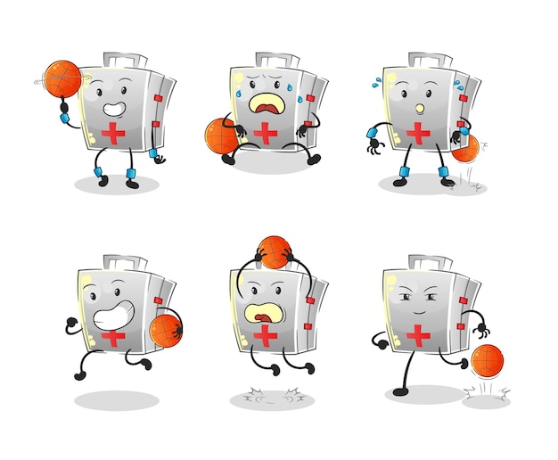 EHBO-doos basketbalspeler groepskarakter. mascotte vector