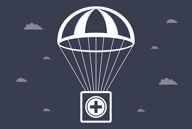 Vector ehbo-doos valt aan parachute. sociale hulp. platte vectorillustratie.