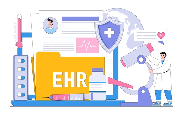 EHR電子健康記録電子的に保存された患者の健康情報コンセプトと医師のキャラクターアウトラインデザインスタイルの最小限のベクターイラスト、ランディングページのヒーロー画像