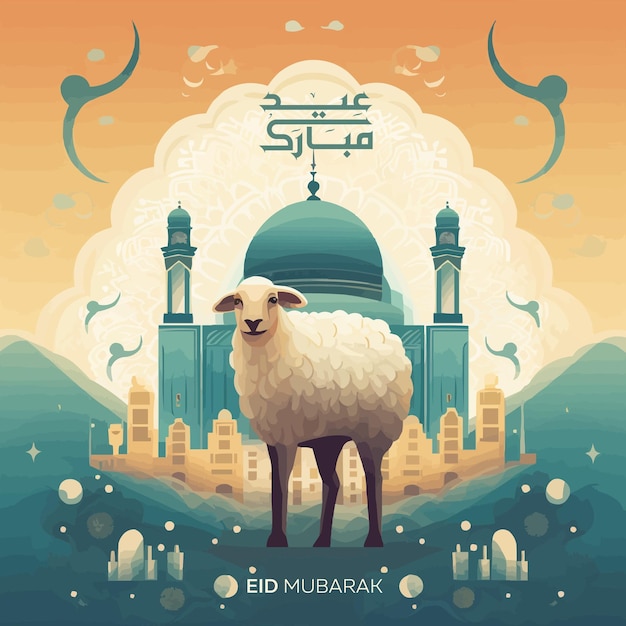 Eid Adha greeting card sheep and Mosque in background