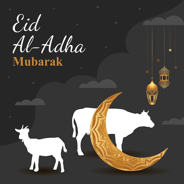 Eid adha islamitische viering groeten banner vector illustratie sjabloon in zwarte achtergrond