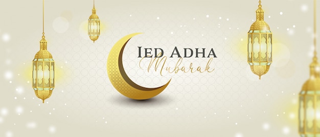 Vettore banner eid adha mubarak con lanterna d'oro e luci scintillanti luna eclipse