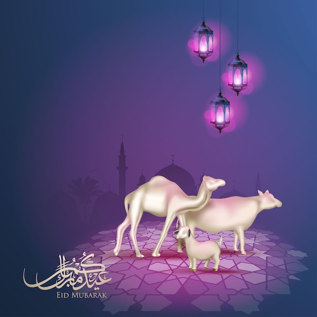 Eid adha mubarak with gold camel goat and cow