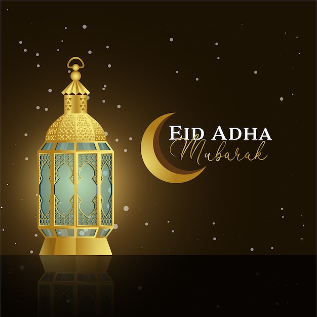 Eid adha mubarak with realistic gold lantern and moon dark background