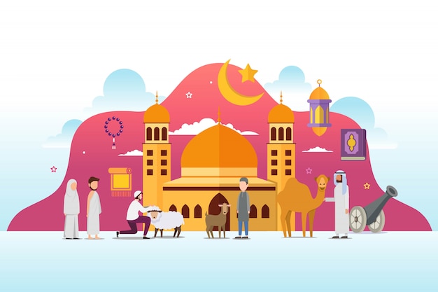 Vector eid adha mubarak with tiny people character design concept
