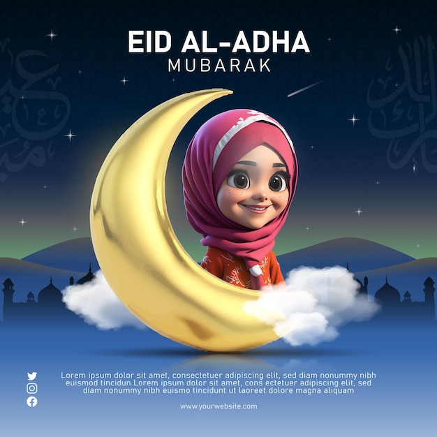 Eid Al Adha 3d 소셜 미디어 게시물 배경에는 골드 초승달과 히잡을 쓴 소녀가 있습니다.