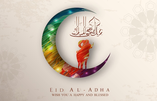 Eid al adha-achtergrondontwerp met kleurrijke maan en schapen
