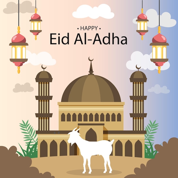 Eid al Adha Arabian word calligraphy with Goat crescent moon and mosque