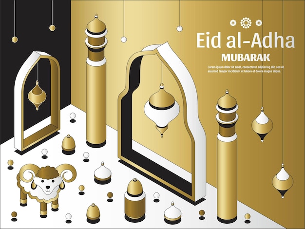 Eid al adha background isometric islamic arabic mosque lanterns and sheep greeting card festival of ...