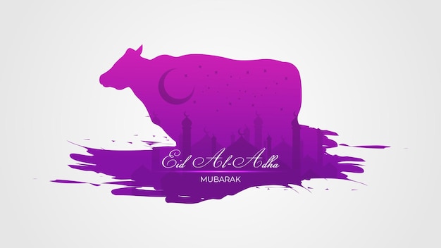 Eid al adha-banner met glanzende lichte moskeemaan en sterren in het silhouet van koe en inktspatten