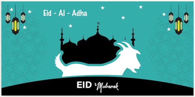 Vettore eid al adha eid mubarak banner illustrazione vettoriale moschea di capra su sfondo nero blu scuro