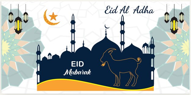 Vettore eid al adha eid mubarak banner illustrazione vettoriale moschea di capra su sfondo nero blu scuro