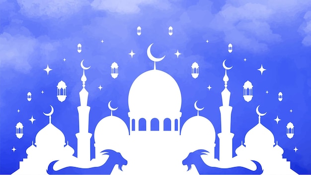 Eid al Adha 節慶卡片設計,有優雅的山羊和清真寺