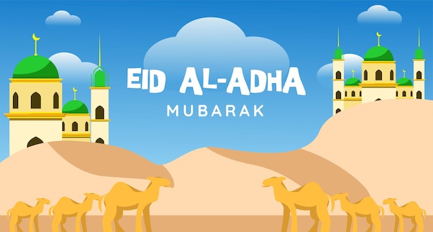 Eid al adha flat illustration design eid al adha greeting banner background with mosque decoration camel animal in the desert