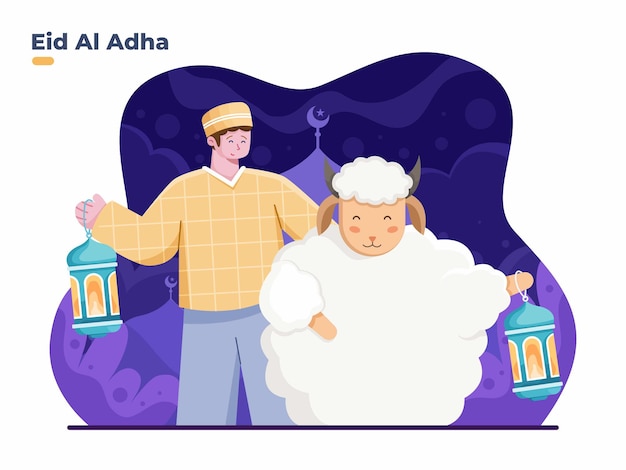 Ид аль-адха плоская иллюстрация с мусульманином и козой с фонарями