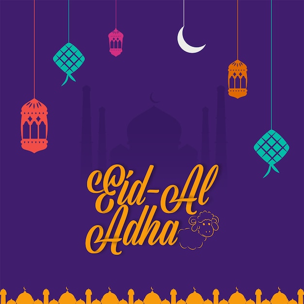 Eid-al-adha font with line art sheep, lanterns, crescent moon and ketupat hang on purple silhouette mosque background.