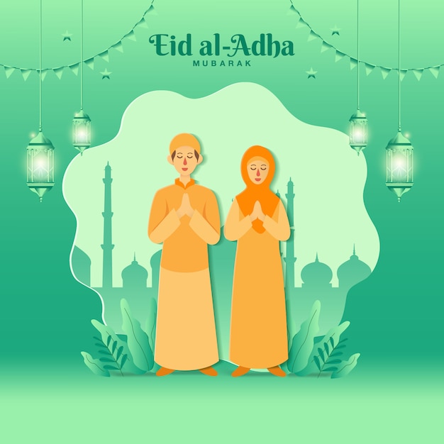 Eid al-adha greeting card concept illustration in paper cut style with cartoon muslim couple blessing eid al-adha with mosque