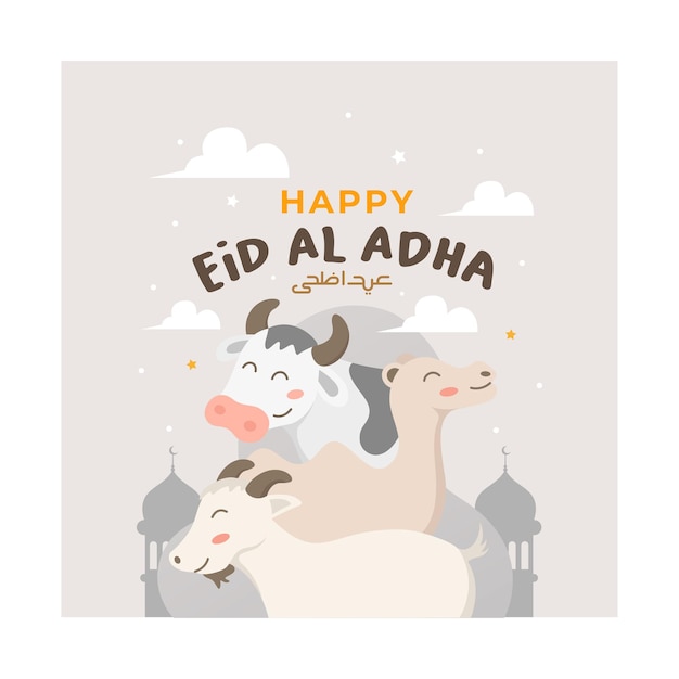 Eid al adha greeting card design with sheep camel and cow cartoon style illustration