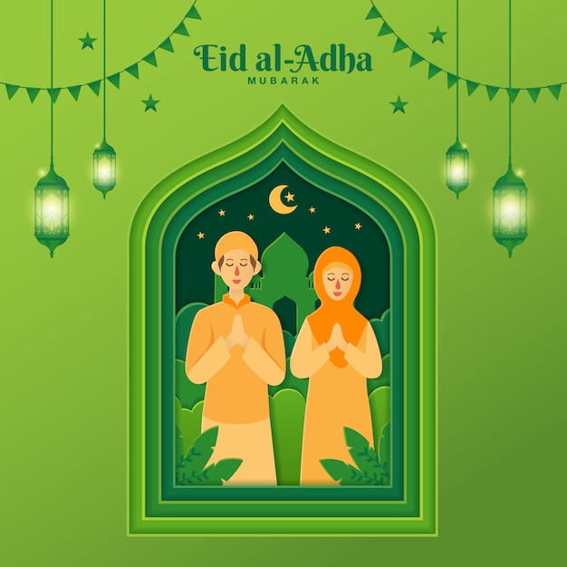 Eid al-adha greeting card illustration in paper cut style with cartoon muslim couple blessing eid al-adha