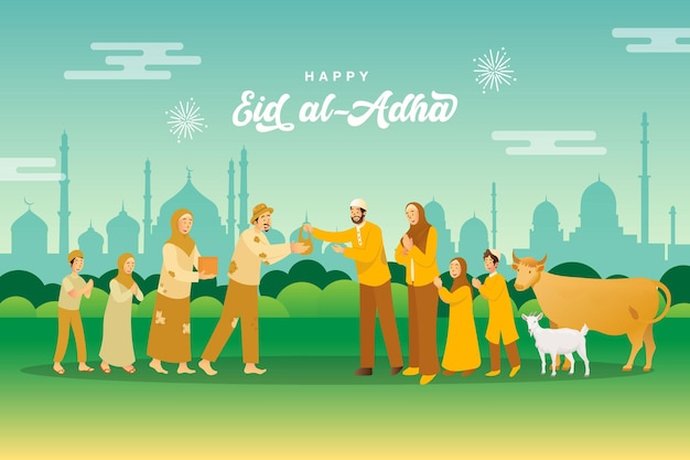 Vector eid al adha greeting card. muslim family sharing the meat of sacrificial animal for poor people