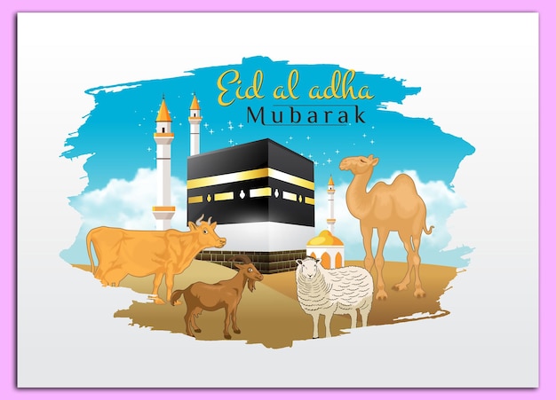 Vettore cartella di auguri per l'eid al adha con capra, pecora, mucca, cammello e kaaba sullo sfondo