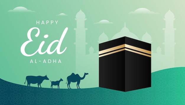 Eid al adha greeting card with gradient green color theme and Kaaba Illustration.