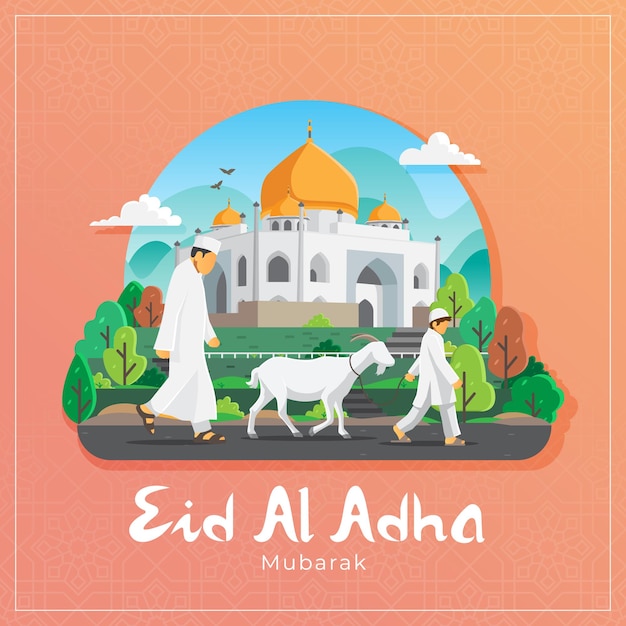 Eid al adha greeting card with muslim man and boy carrying white goat