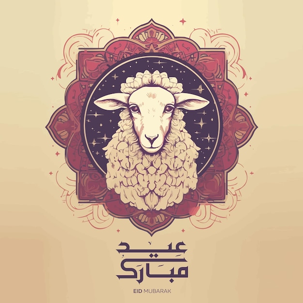 Eid Al Adha Greeting Eid Mubarak with sheep is shown with a star on the top of it