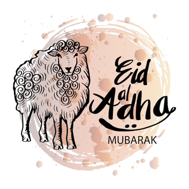 Eid Mubarak 축하를 위한 염소 삽화가 있는 Eid Al Adha 핸드 레터링