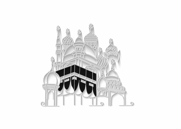 Vettore eid al adha holy kaaba alla mecca arabia saudita con moschea o masjid sketch vector illustration