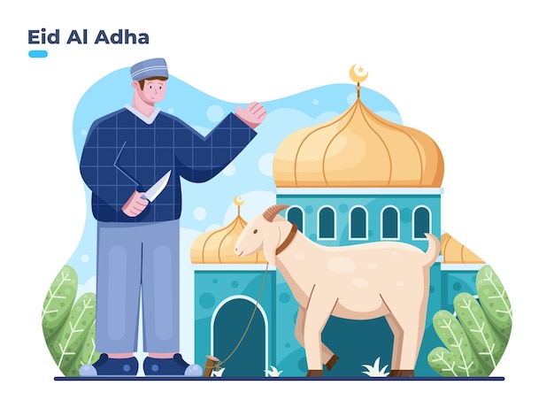 Eid al adha-illustratie met moslimpersoon klaar om een offerdier te offeren bij de voormoskee