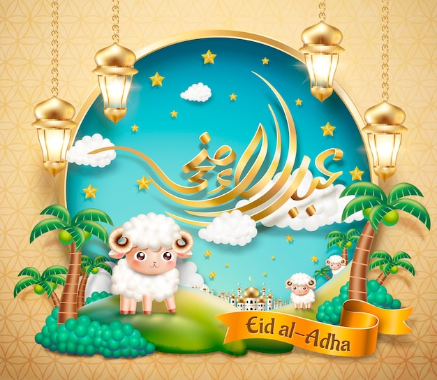 Eid al-adha kalligrafiekaartontwerp, schattige schapen die ronddwalen in de oase