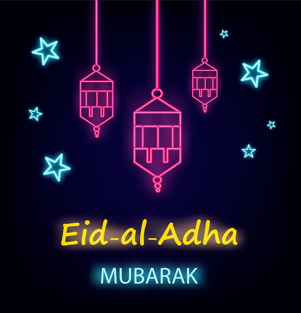 Eid al-adha. lanterns and stars, neon effect