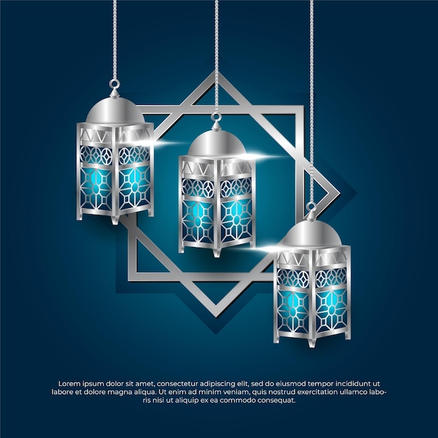 Eid al adha mubarak 3d blauw en zilver islamitisch sterlamp vectorontwerp