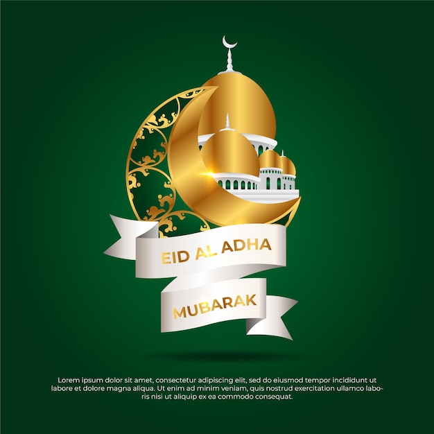 Eid al adha mubarak 3d islamic mosque moon golden and green vector design