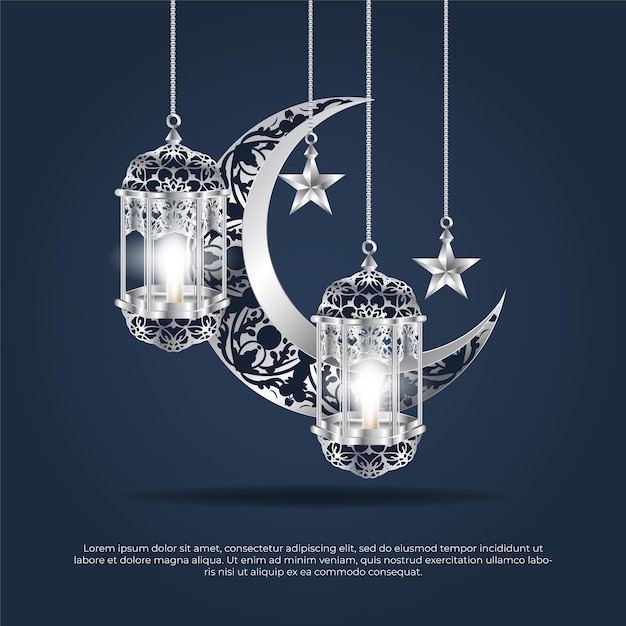 Eid al adha mubarak 3d silver islamic star moon and lamp vector design