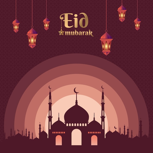 Eid al adha mubarak achtergrondontwerp met lamp en moskee Premium Vector