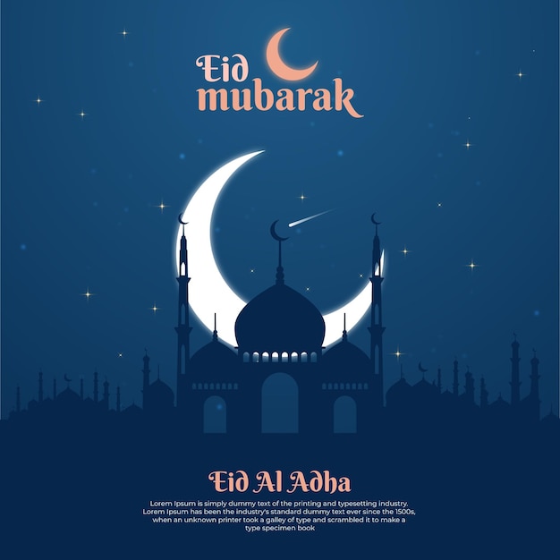 Eid al adha mubarak achtergrondontwerp met wassende maan en moskee Premium Vector