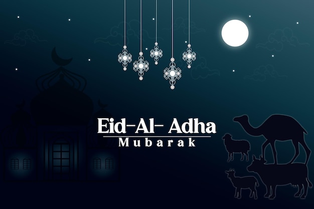 Vector eid al adha mubarak background with crescent moon mosque camel ship cow and goat vector design