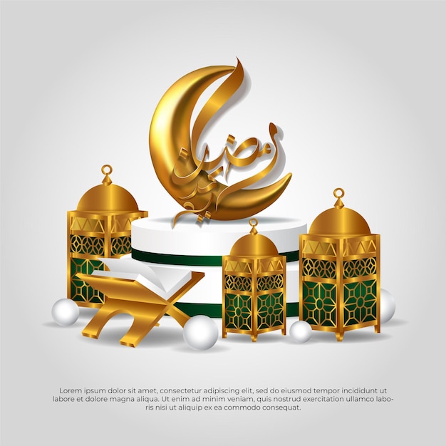 Eid al adha mubarak bellissimo 3d dorato islamico luna quran e lampada disegno vettoriale