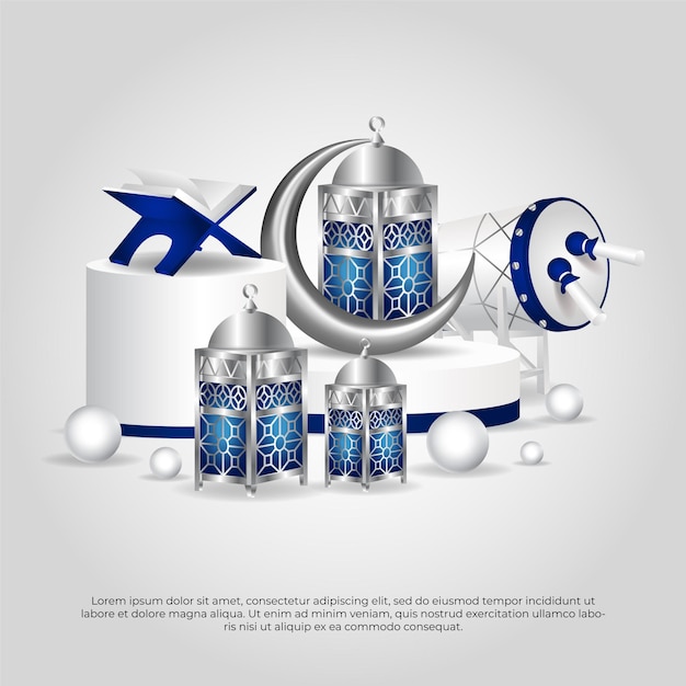 Eid al adha mubarak beautiful 3d islamic blue moon lamp drum and quran vector design