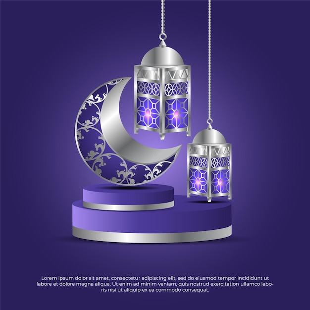 Eid al adha mubarak beautiful 3d lamp and moon islamic purple vector background