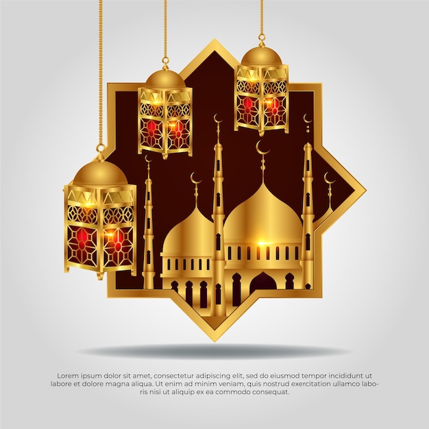 Eid al adha mubarak beautiful golden red islamic lamp and mosque vector design