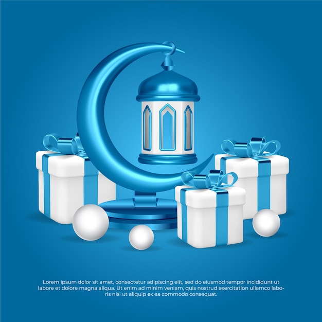 Eid al adha mubarak 아름다운 이슬람 3d 파란색 선물 달과 램프 벡터 디자인